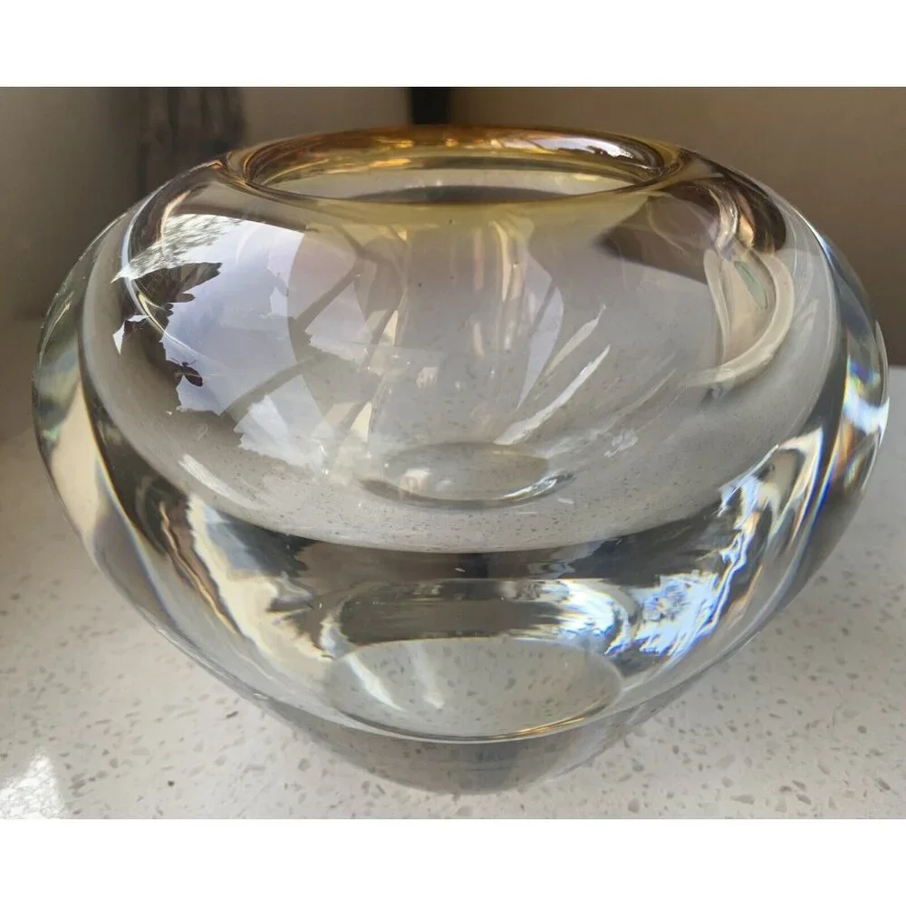 Signed Waterford Evolution Vase Crystal With Foil Amber Top Fades To Clear